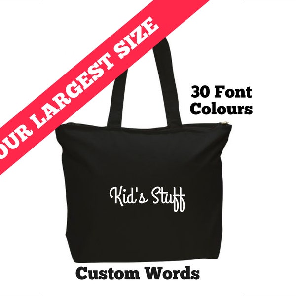 Personalized Zippered Tote - Custom name or words, strong canvas tote bag black minimalist design with 30 font colour choices, great gift!