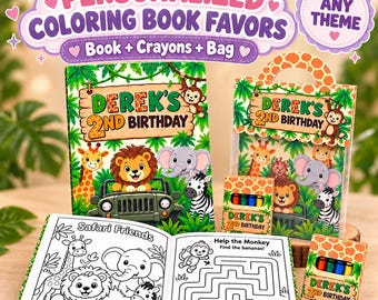 Peut inclure: Un ensemble de livre de coloriage personnalisé sur le thème de la jungle avec un lion, une girafe, un éléphant et un zèbre. L'ensemble comprend un livre, une boîte de crayons et un sac, tous marqués du texte Derek's 2nd Birthday.
