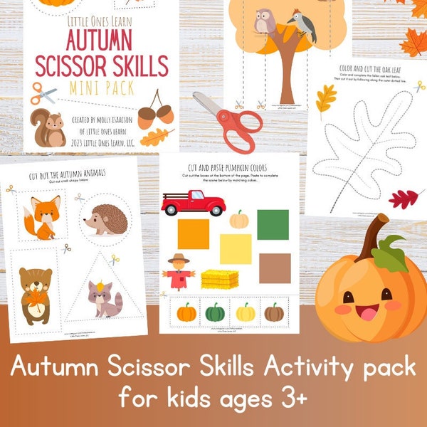 Printable Autumn Scissor Skills Activity Pack for Preschool and Kindergarten Kids; Fall Activities for Kids; Scissor Practice
