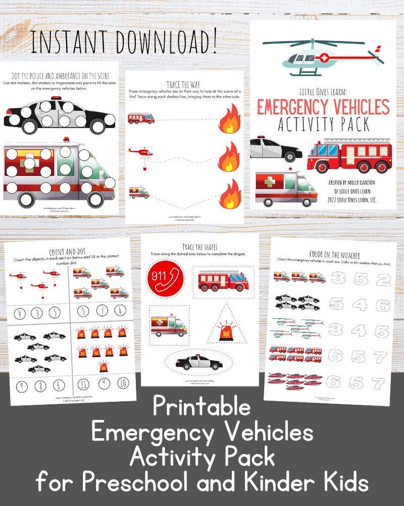 Printable Emergency Vehicles Activity Pack Fire Trucks, Ambulances