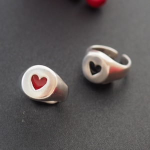 Silver red heart Signet ring for women, Chunky heart ring, Chevalier silver ring, Valentine&#39;s red heart ring, Lover&#39;s ring,