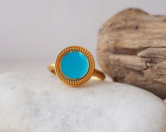 Turquoise Enamel circle ring, Gold Adjustable  Ring, Statement Gold ring, Fashion  Ring