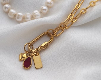 Collier mousqueton en or, grosse chaîne en or avec goutte rouge, collier cadenas en perles d&#39;or, bijoux délicats, bijoux fabriqués en Grèce