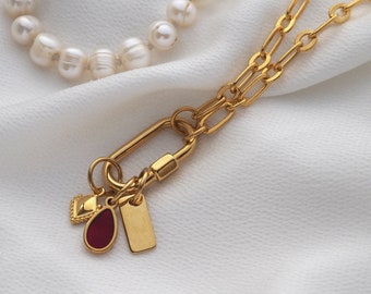 Gold carabiner necklace, Chunky gold chain with red drop, Gold pearl lock necklace, Dainty Jewellery, Made in Greece Jewelry