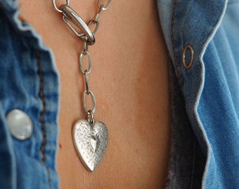 Collier Lariat en argent pour femme, Collier coeur lariat à grosse chaîne, Pendentif chaîne en argent antique réglable,