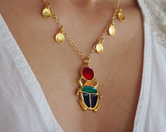 Egyptian Scarab necklace, Egyptian  amulet colouful scarab, Egyptian Beetle Jewelry, Scarab Lucky charm