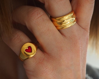 Chunky heart ring, Gold red heart Signet ring, Chevalier gold ring, Valentine's red heart ring, Lover's ring Made in Greece