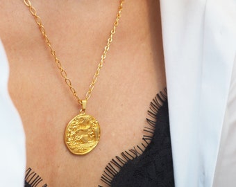 Gold ancient coin, Layered gold round necklace, Minimalist gold disc necklace, Dainty Jewelry, Made in Greece