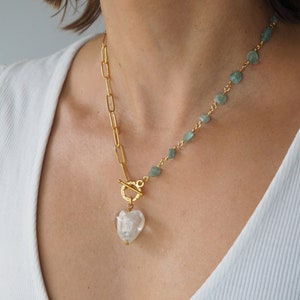 Half beads and gold chain necklace, Rosary gold  chain with apatite beads, Apatite necklace,