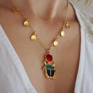 Egyptian Scarab necklace, Egyptian  amulet colouful scarab, Egyptian Beetle Jewelry, Scarab Lucky charm