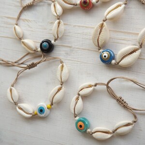 Evil eye with shell bracelet, Cowrie beach bracelet for women, image 2