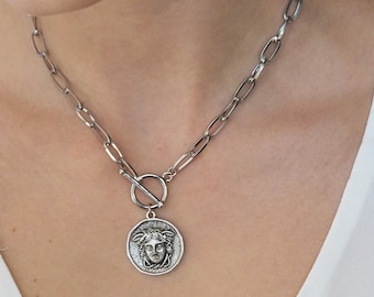 Silver Medusa charm, Ancient Greek Medallion Necklace, Boho T bar coin necklac, Grecian  style jewels,