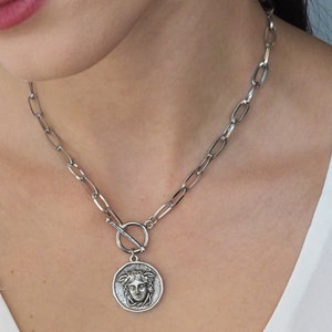 Silver Medusa charm, Ancient Greek Medallion Necklace, Boho T bar coin necklac, Grecian  style jewels,