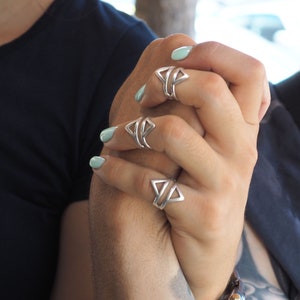 Bohemian geometric silver ring, Cuff Midi ring, Double triangle ring, Statement Silver ring with Wireframe Rhombus image 1