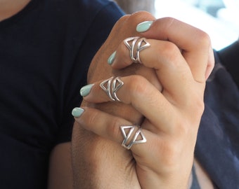 Bohemian geometric silver ring, Cuff  Midi ring, Double triangle ring, Statement Silver ring with  Wireframe Rhombus
