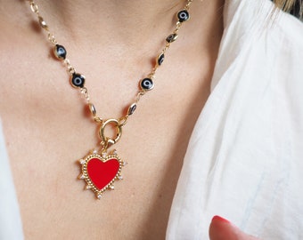 Red heart with Evil eye  chain necklace, Nazar eye necklace,  Made in Greece, Protection jewelry for women, Good luck gift