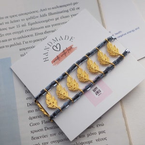 Black Miyuki Bead Bracelet: Gold Leaf, Adjustable Handmade Jewelry