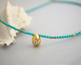 Tiny Turquoise Necklace with Gold Easter Egg Accents - Unique Gift Idea - Handmade Turquoise Necklace -Spring Fashion Accessory