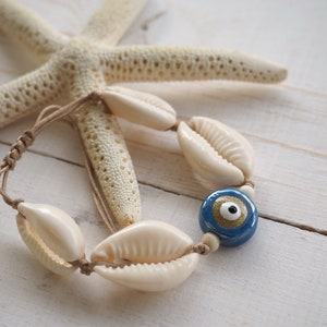 Evil eye with shell bracelet, Cowrie beach bracelet for women, Blue