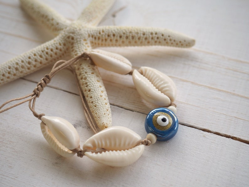 Evil eye with shell bracelet, Cowrie beach bracelet for women, Blue