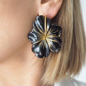Big black flower gold hoop earrings, Statement earrings, Sakura earrings, image 4