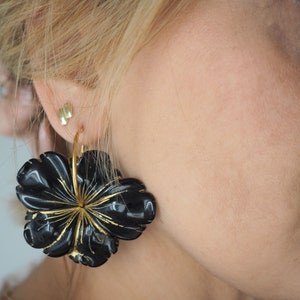 Big black flower gold hoop earrings, Statement earrings, Sakura earrings, image 8