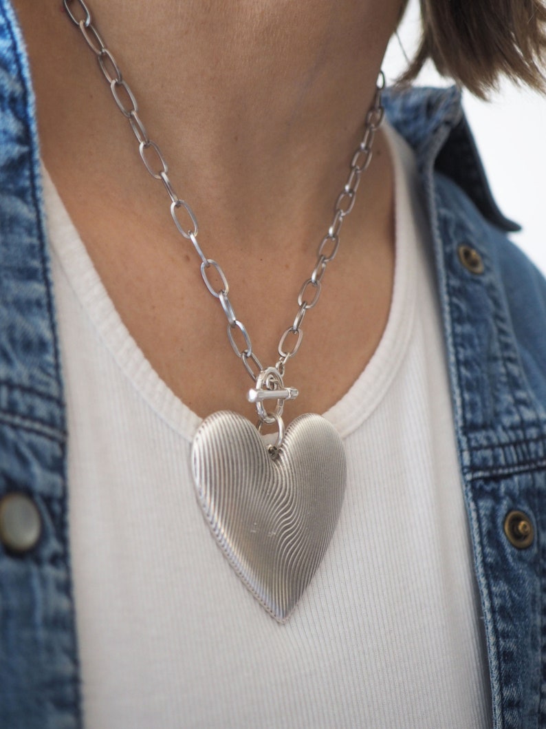 Link chain Finger print Gold Heart Statement Necklace, Gold oversized heart necklace, Big heart necklace,Silver big Heart Silver