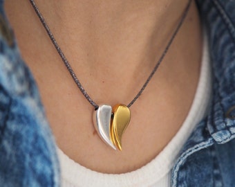 Half silver gold Heart necklace, Small heart jewellery, Simple silver gold pendant, Unique  heart  charm, Handmade in Greece