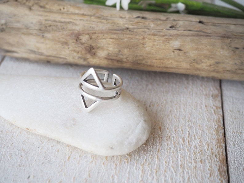Bohemian geometric silver ring, Cuff Midi ring, Double triangle ring, Statement Silver ring with Wireframe Rhombus image 6