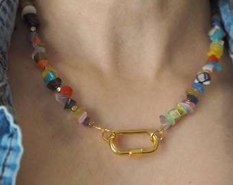 Rainbow Tiger's Eye Stone Carabiner Necklace - Boho Style Jewelry-Colorful Tiger's Eye Carabiner charm- Unique Statement Piece