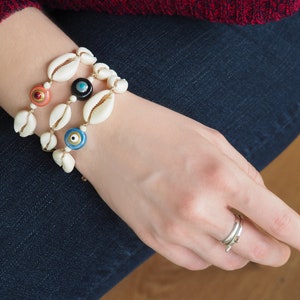 Evil eye with shell bracelet, Cowrie beach bracelet for women, image 6