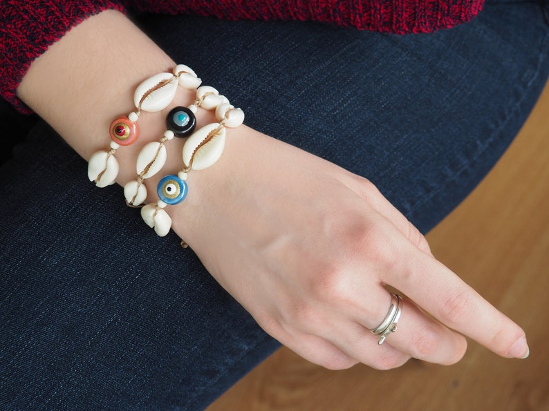 Evil eye with shell bracelet, Cowrie beach bracelet for women, image 6