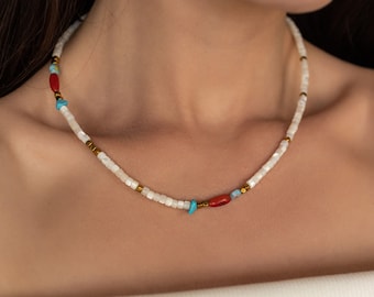 White Summer boho choker, Fashionable beaded summer jewellery, Handmade Multicolor beaded necklace,  Dainty beaded necklace,
