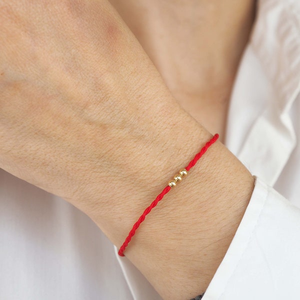 Red string three wishes gold  bracelet, Greek solid gold 14k red string bracelet, Gold 14k red protection bracelet,