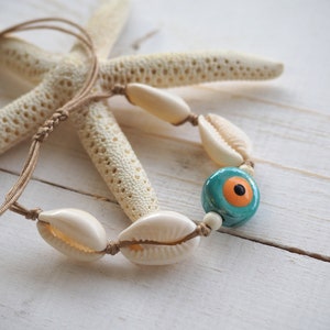 Evil eye with shell bracelet, Cowrie beach bracelet for women, Green