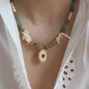 Beaded gemstone necklace with green aventurine, Unique Gemstone Green Jewelry, Semi precious gemstone choker