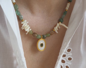 Beaded gemstone necklace with green aventurine, Unique Gemstone Green Jewelry, Semi precious gemstone choker