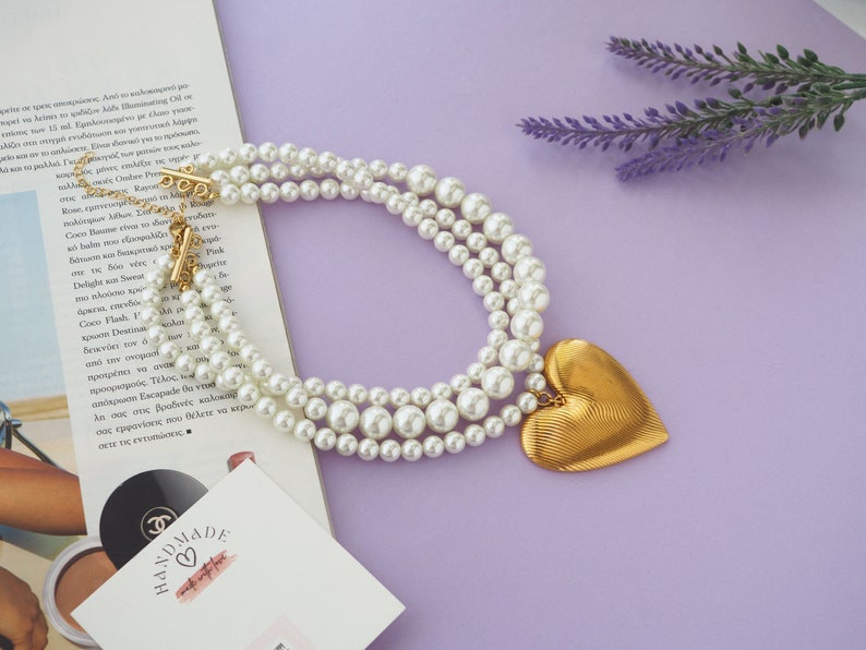 Pearl Finger print Heart Statement Necklace, Silver oversized heart necklace, Big heart necklace,3 Strand, Pearl Necklace image 4