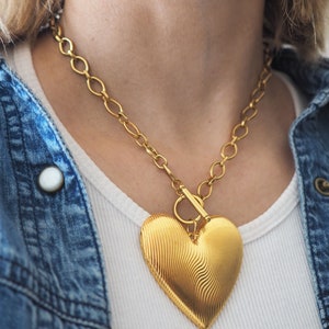 Link chain Finger print Gold Heart Statement Necklace, Gold oversized heart necklace, Big heart necklace,Silver big Heart image 9