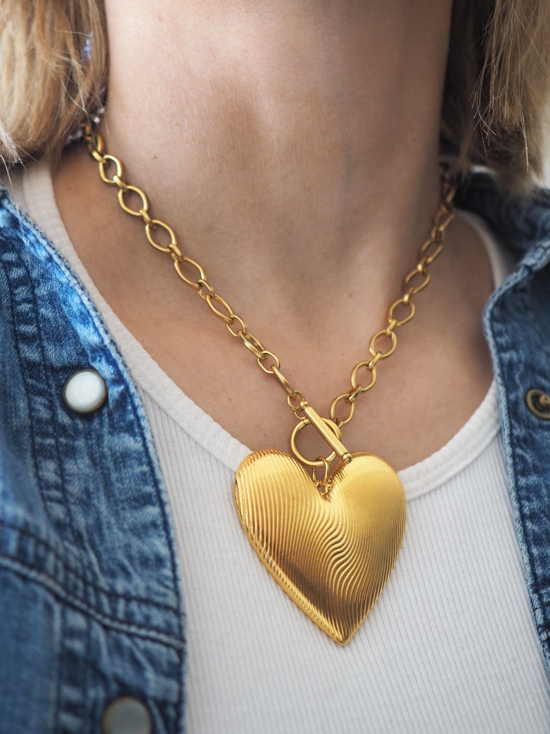 Link chain Finger print Gold Heart Statement Necklace, Gold oversized heart necklace, Big heart necklace,Silver big Heart image 9