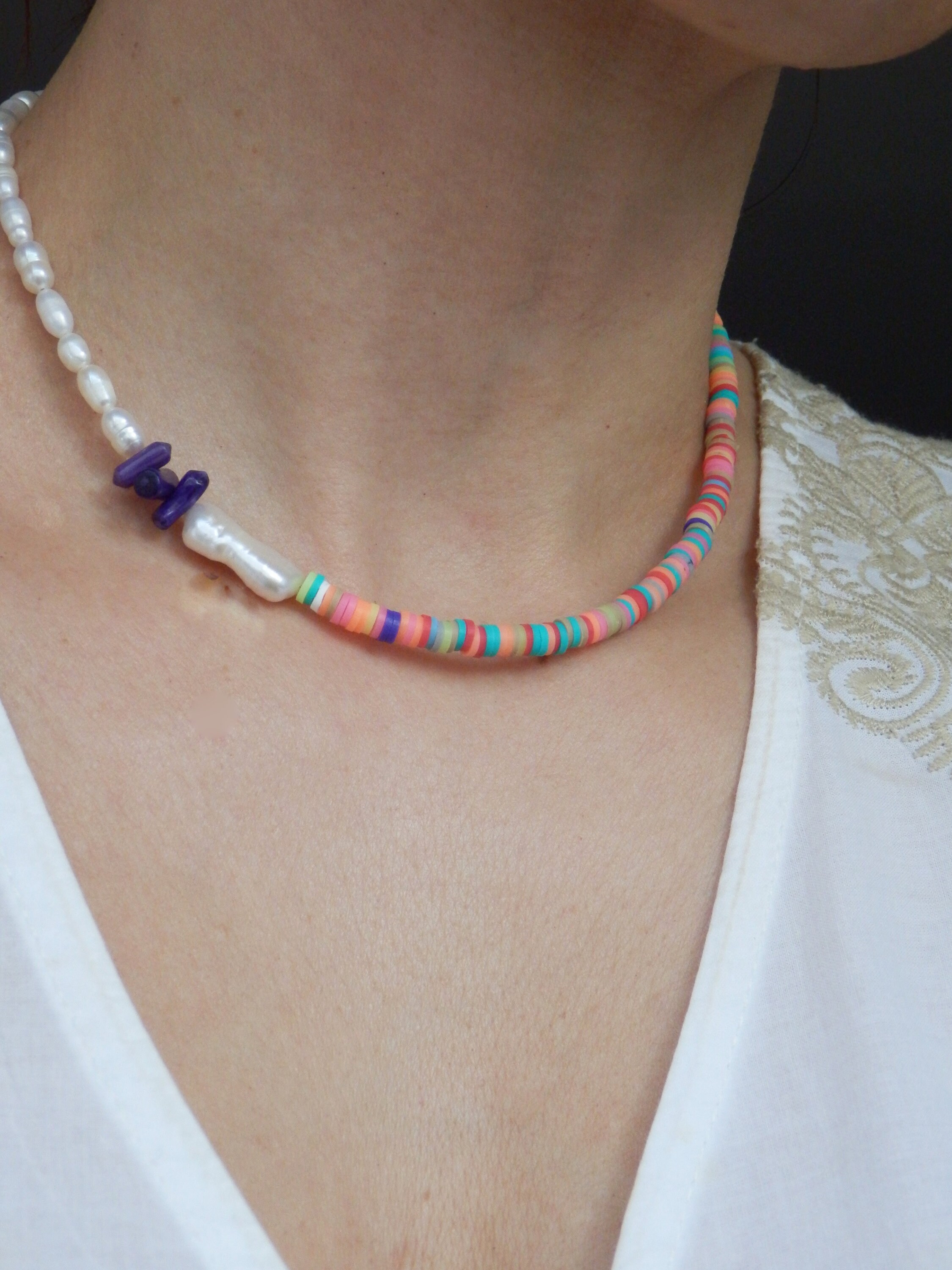 Half Pearl Beaded Necklace Polymer Clay 