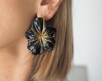 Big black flower gold hoop earrings, Statement earrings,  Sakura earrings,
