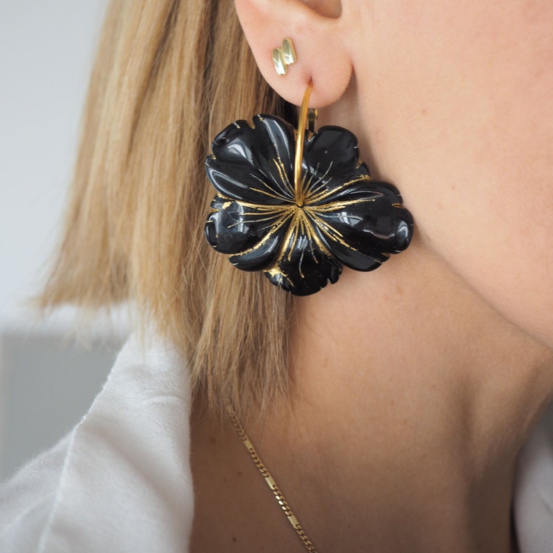 Big black flower gold hoop earrings, Statement earrings, Sakura earrings, image 3