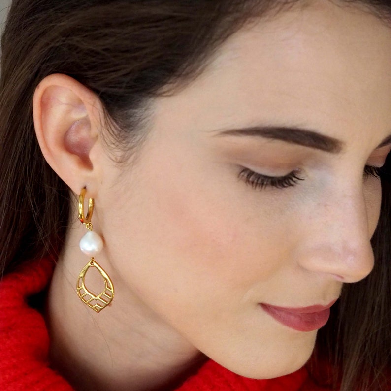 Dangle pearls gold earrings women, Long drop pearl pendant earrings, Geometric gold plated earrings, Gold plated ethnic fashion earrings image 4