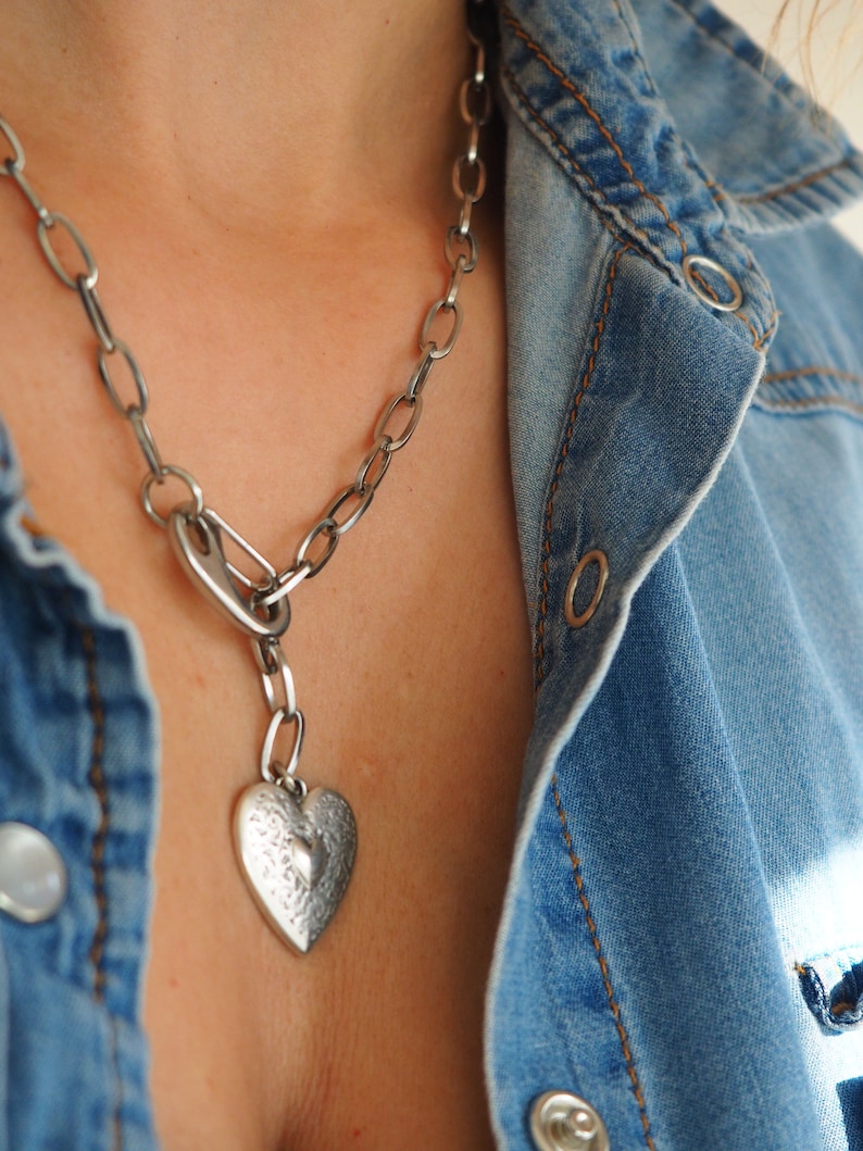 Silver Lariat necklace for women, Chunky chain lariat heart necklace, Adjustable antique silver chain pendant, image 5