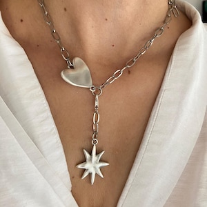 Boho Edelsteinkette: Silber Stern & Herz Anhänger, Handgemacht