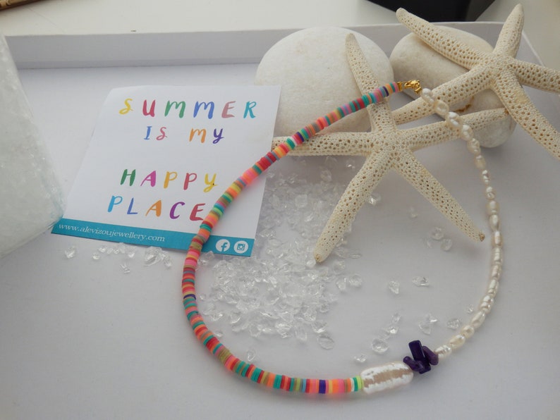 Half Pearl Beaded Necklace, Polymer clay summer necklace with pearls, Surfer Necklace image 3