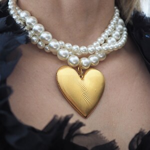 Statement Pearl Necklace Featuring and Bold Fingerprint Heart, Handmade Pearl Necklace with Big Heart Charm Silver