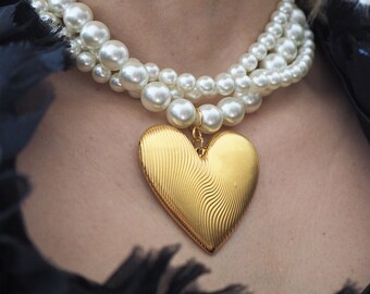 Statement Pearl Necklace Featuring and  Bold Fingerprint Heart, Handmade Pearl Necklace with Big Heart Charm