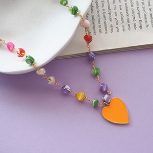 Colorful mother of pearl necklace summer, Rainbow heart necklace, Colored heart necklace, Colored Mother of Pearl Beaded Chain with Heart image 3